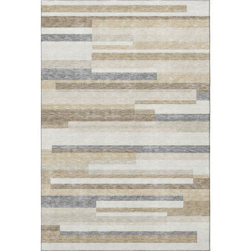 5' X 8' Ivory Gray And Beige Striped Washable Area Rug With UV Protection