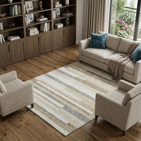9' X 12' Ivory Gray And Beige Striped Washable Area Rug With UV Protection