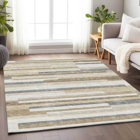 9' X 12' Ivory Gray And Beige Striped Washable Area Rug With UV Protection
