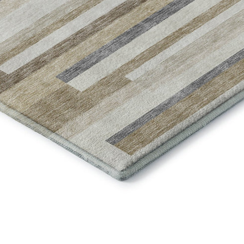 9' X 12' Ivory Gray And Beige Striped Washable Area Rug With UV Protection