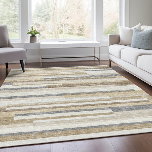 9' X 12' Ivory Gray And Beige Striped Washable Area Rug With UV Protection
