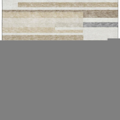 9' X 12' Ivory Gray And Beige Striped Washable Area Rug With UV Protection