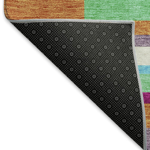 5' X 8' Lavender Orange And Lime Green Striped Washable Area Rug With UV Protection