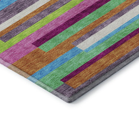 5' X 8' Lavender Orange And Lime Green Striped Washable Area Rug With UV Protection