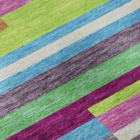 5' X 8' Lavender Orange And Lime Green Striped Washable Area Rug With UV Protection