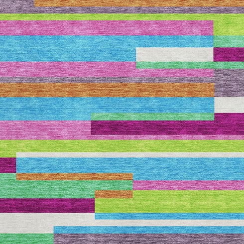 5' X 8' Lavender Orange And Lime Green Striped Washable Area Rug With UV Protection