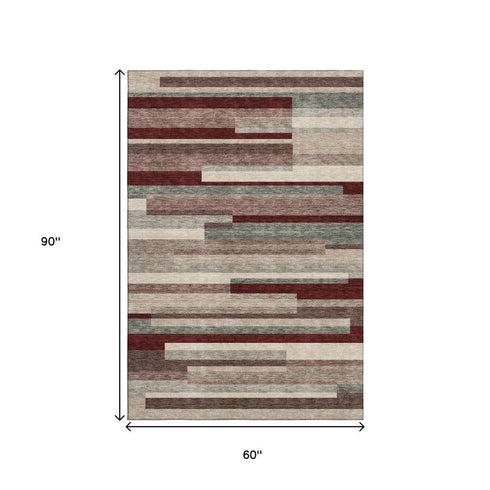 5' X 8' Merlot Gray And Beige Striped Washable Area Rug With UV Protection