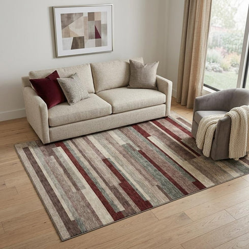 5' X 8' Merlot Gray And Beige Striped Washable Area Rug With UV Protection