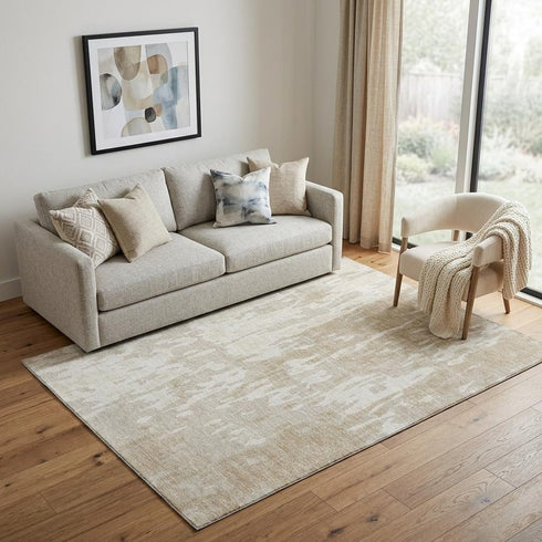 5' X 8' Beige Ivory And Tan Abstract Washable Area Rug With UV Protection
