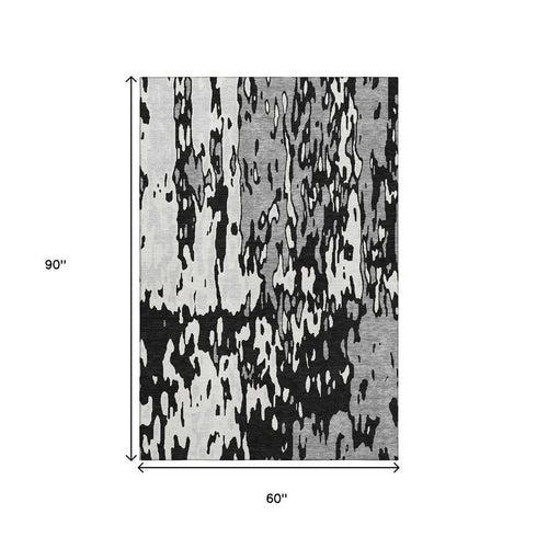 5' X 8' Black Ivory And Gray Abstract Washable Area Rug With UV Protection