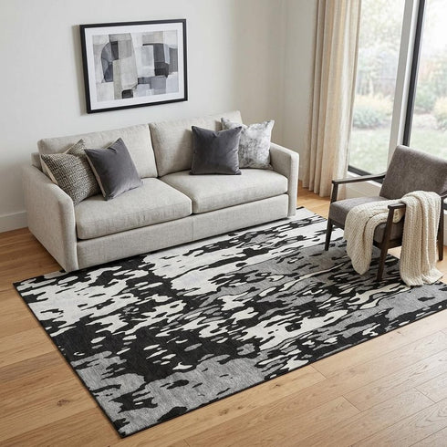 5' X 8' Black Ivory And Gray Abstract Washable Area Rug With UV Protection