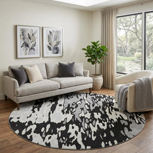 8' Black Ivory And Gray Abstract Washable Round Rug With UV Protection