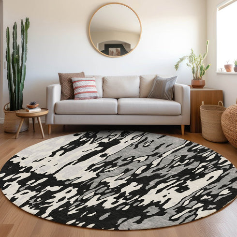 8' Black Ivory And Gray Abstract Washable Round Rug With UV Protection