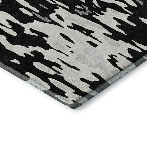 8' Black Ivory And Gray Abstract Washable Round Rug With UV Protection