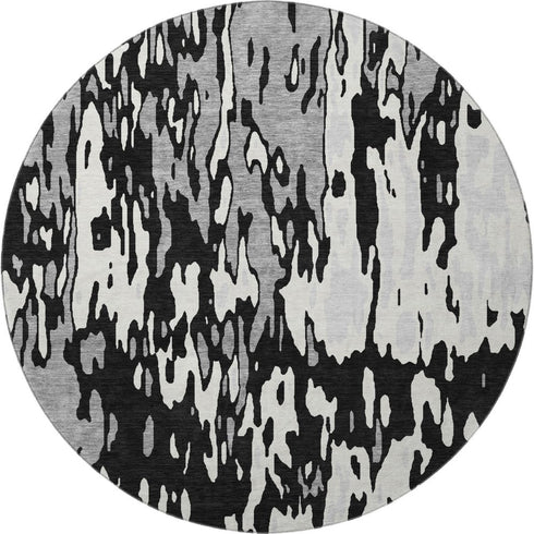 8' Black Ivory And Gray Abstract Washable Round Rug With UV Protection