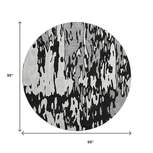 8' Black Ivory And Gray Abstract Washable Round Rug With UV Protection