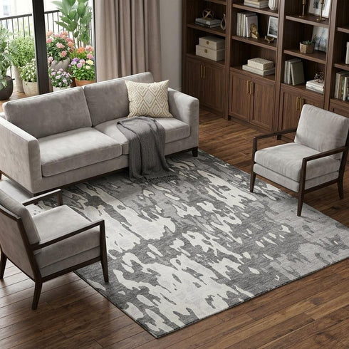 8' X 10' Gray Ivory And Silver Abstract Washable Area Rug With UV Protection