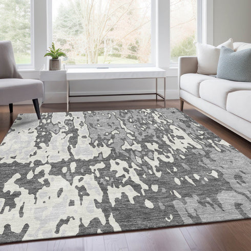 8' X 10' Gray Ivory And Silver Abstract Washable Area Rug With UV Protection
