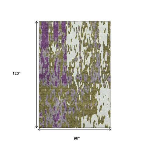8' X 10' Olive Green Purple And Ivory Abstract Washable Area Rug With UV Protection