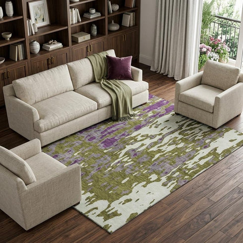 8' X 10' Olive Green Purple And Ivory Abstract Washable Area Rug With UV Protection
