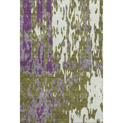 8' X 10' Olive Green Purple And Ivory Abstract Washable Area Rug With UV Protection