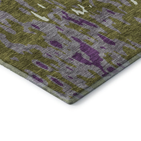 8' X 10' Olive Green Purple And Ivory Abstract Washable Area Rug With UV Protection