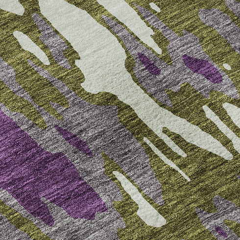 8' X 10' Olive Green Purple And Ivory Abstract Washable Area Rug With UV Protection