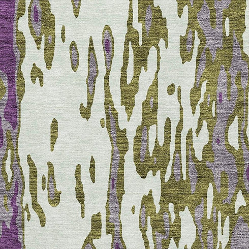 8' X 10' Olive Green Purple And Ivory Abstract Washable Area Rug With UV Protection