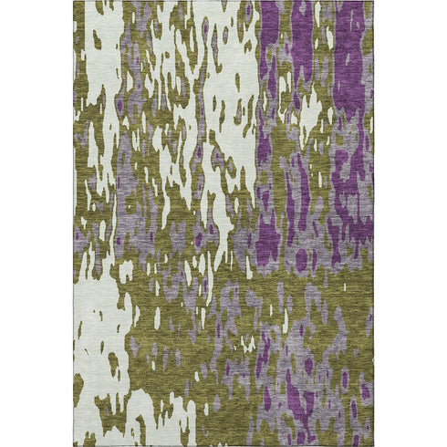 8' X 10' Olive Green Purple And Ivory Abstract Washable Area Rug With UV Protection