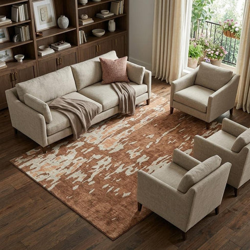 9' X 12' Rust Beige And Peach Abstract Washable Area Rug With UV Protection