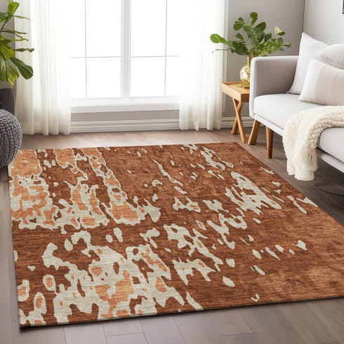 9' X 12' Rust Beige And Peach Abstract Washable Area Rug With UV Protection