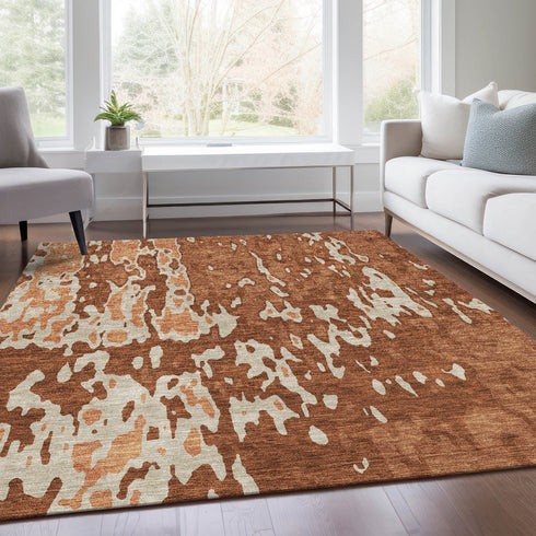 9' X 12' Rust Beige And Peach Abstract Washable Area Rug With UV Protection