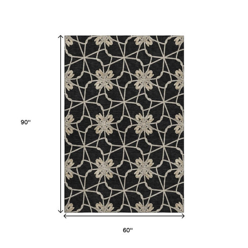 5' X 8' Black Khaki And Beige Geometric Washable Area Rug With UV Protection