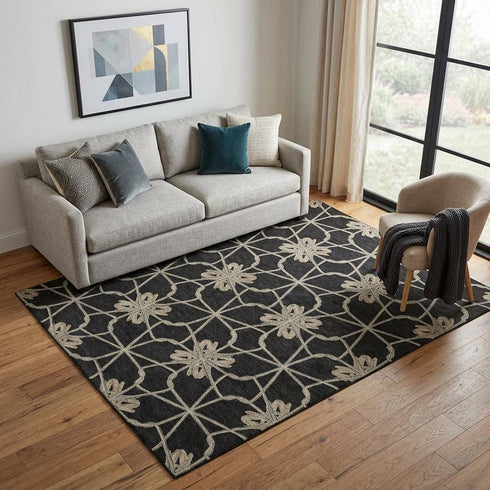 5' X 8' Black Khaki And Beige Geometric Washable Area Rug With UV Protection