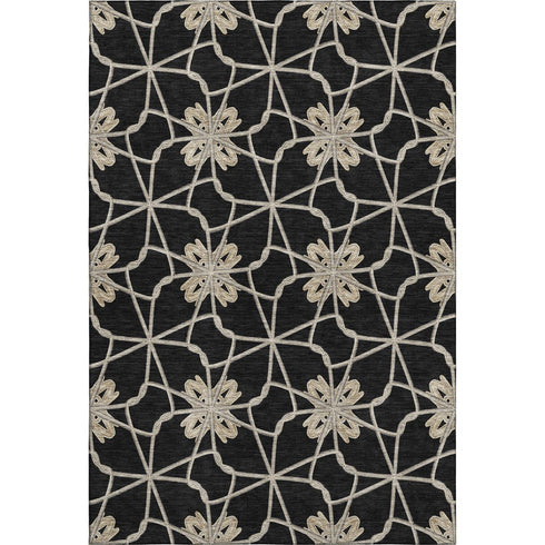 5' X 8' Black Khaki And Beige Geometric Washable Area Rug With UV Protection