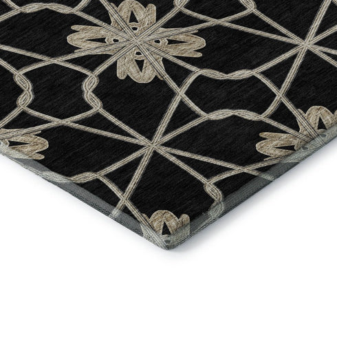 5' X 8' Black Khaki And Beige Geometric Washable Area Rug With UV Protection