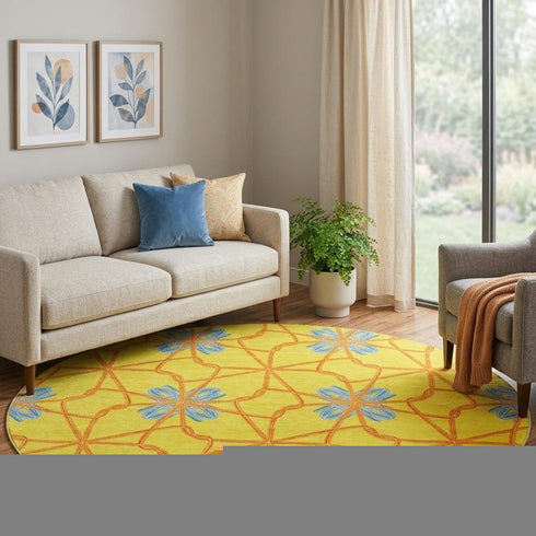 8' Yellow Blue And Red Geometric Washable Round Rug With UV Protection