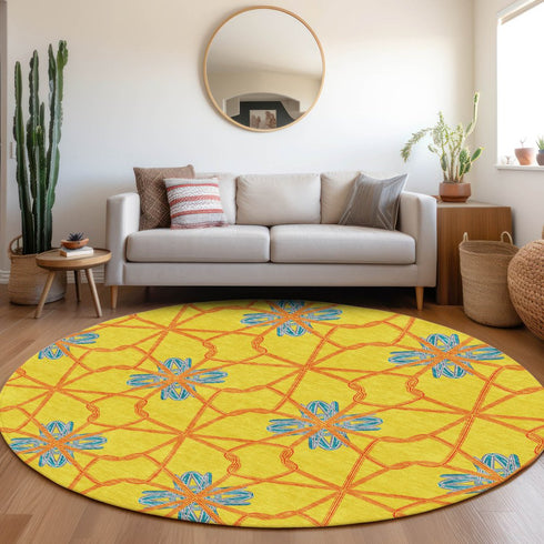 8' Yellow Blue And Red Geometric Washable Round Rug With UV Protection