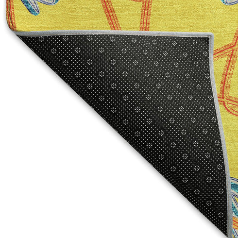 8' Yellow Blue And Red Geometric Washable Round Rug With UV Protection