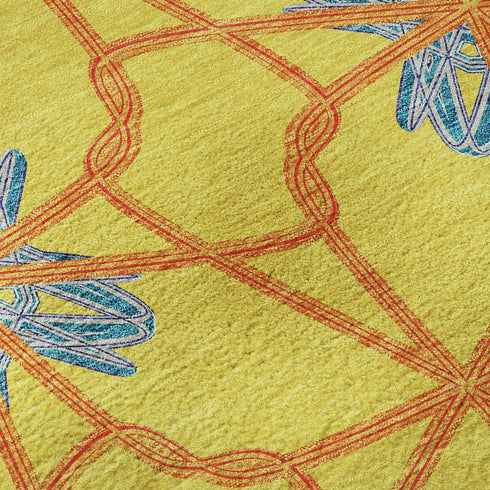 8' Yellow Blue And Red Geometric Washable Round Rug With UV Protection