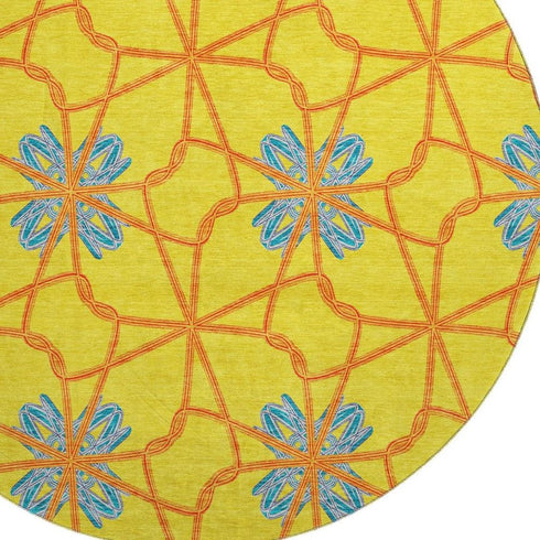 8' Yellow Blue And Red Geometric Washable Round Rug With UV Protection