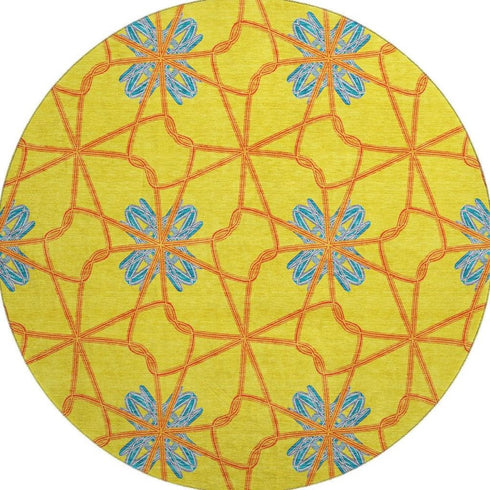 8' Yellow Blue And Red Geometric Washable Round Rug With UV Protection