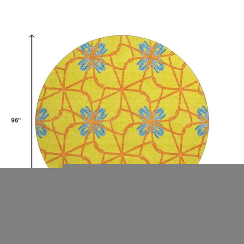 8' Yellow Blue And Red Geometric Washable Round Rug With UV Protection