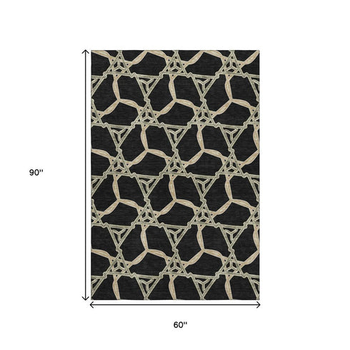 5' X 8' Black Beige And Ivory Geometric Washable Area Rug With UV Protection
