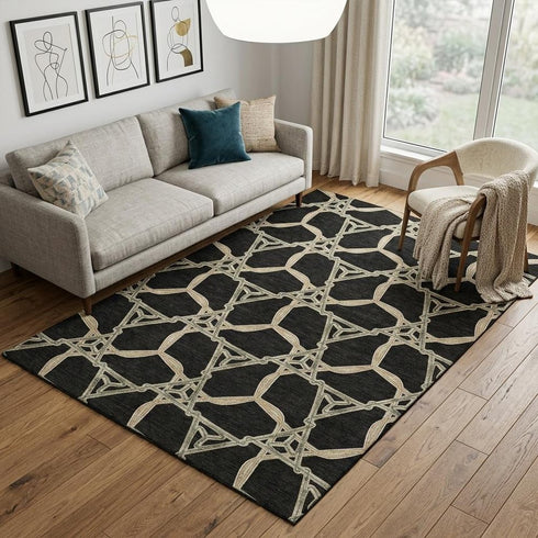 5' X 8' Black Beige And Ivory Geometric Washable Area Rug With UV Protection