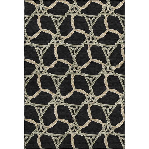 5' X 8' Black Beige And Ivory Geometric Washable Area Rug With UV Protection