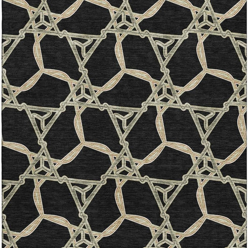 5' X 8' Black Beige And Ivory Geometric Washable Area Rug With UV Protection