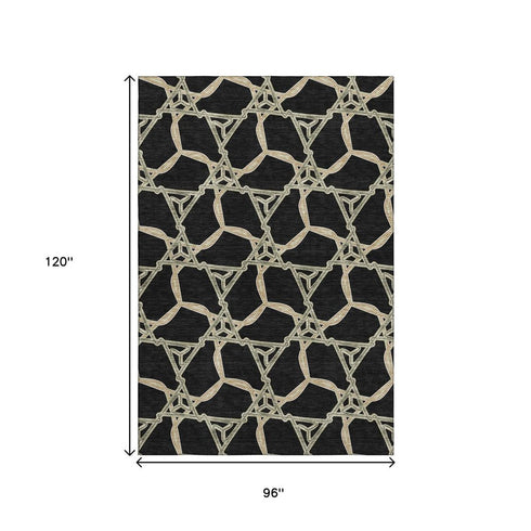 8' X 10' Black Beige And Ivory Geometric Washable Area Rug With UV Protection