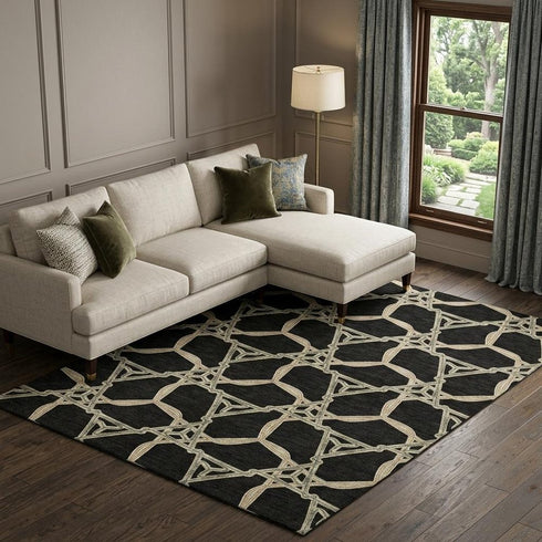 8' X 10' Black Beige And Ivory Geometric Washable Area Rug With UV Protection