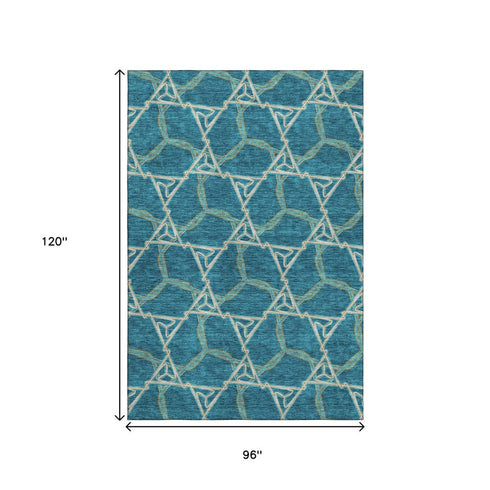 8' X 10' Teal Beige And Copper Geometric Washable Area Rug With UV Protection